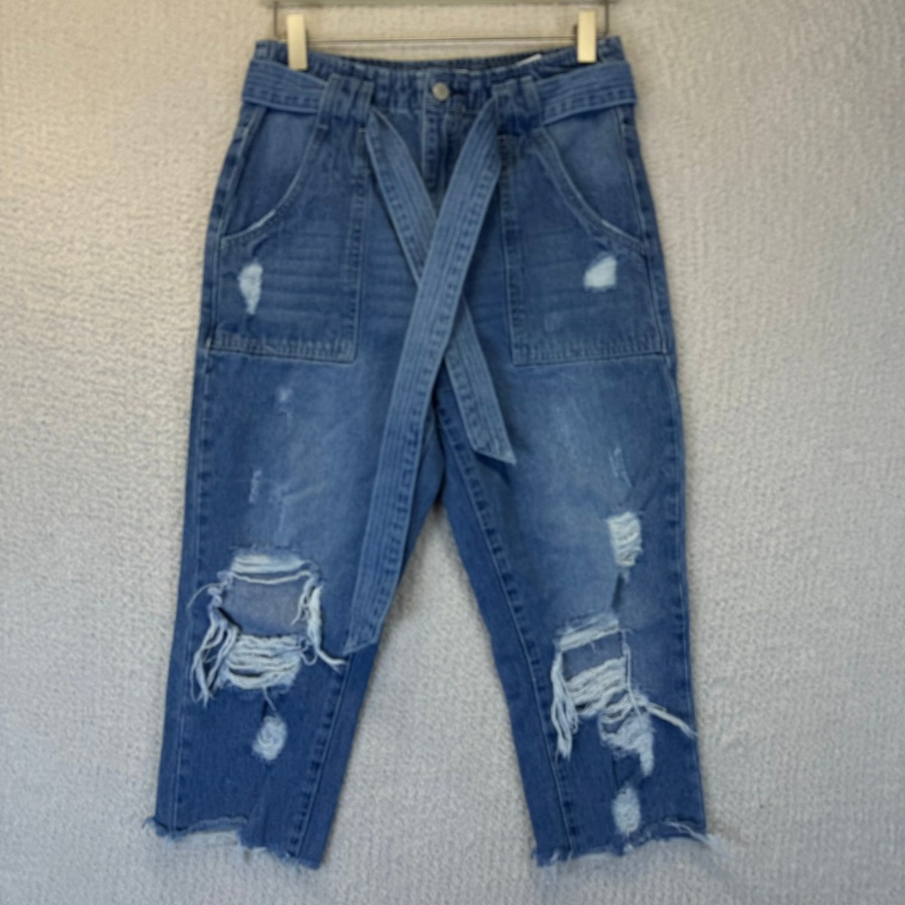 Vervet Distressed High Rise Mom Denim Belted Cropped Jeans Size‎ 26